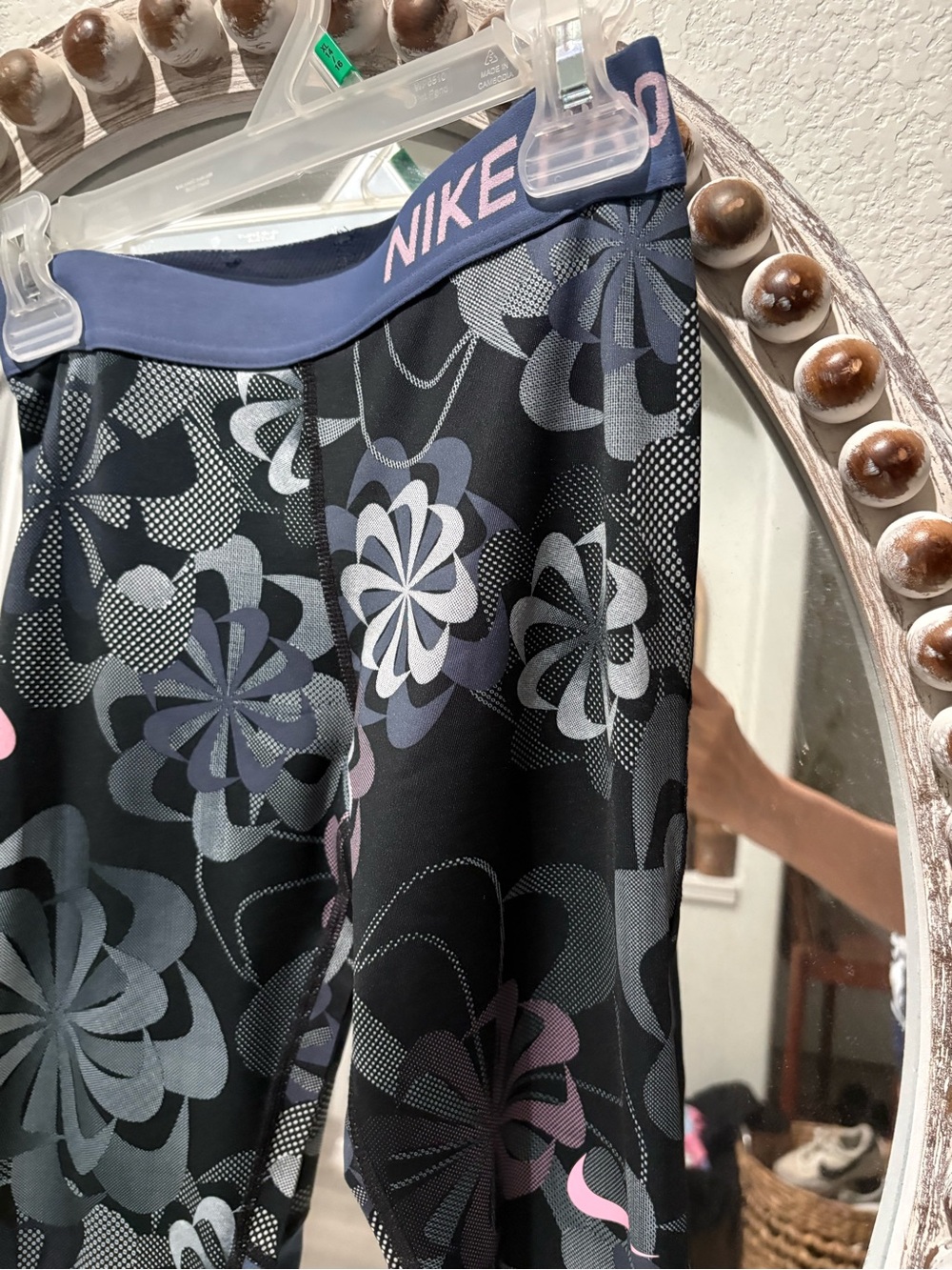 Nike Black Floral Leggings with Pink and Gray Accents